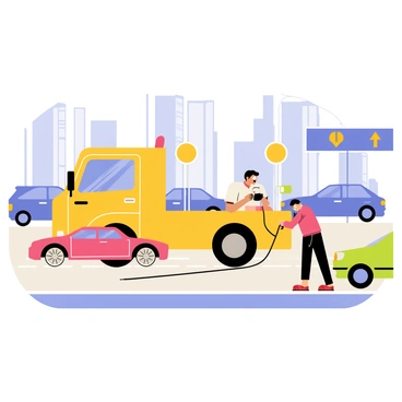 A bright yellow tow truck is positioned next to a red car that has broken down on a busy city highway. The tow truck's operator is attaching a cable to the front of the stranded car. Surrounding them are several other vehicles, including a blue sedan and a green SUV, moving past in the adjacent lanes. The highway is lined with tall buildings and a clear blue sky overhead. Traffic signs can be seen in the background, indicating directions and distances. The scene conveys a sense of activity and urgency as the tow truck assists the stranded car.