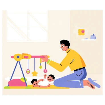 A parent with short black hair is kneeling on a soft, colorful play mat. They are smiling as they interact with their baby, who is lying on their back underneath a brightly colored play gym. The play gym has hanging toys in various shapes, such as a red star, a yellow sun, and a green butterfly. The baby's eyes are wide with curiosity as they reach out towards the toys. Sunlight streams in from a nearby window, illuminating the scene and casting a warm glow. The room has pastel-colored walls and a few plush toys scattered around.