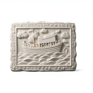 An ancient stone tablet, intricately carved with detailed scenes. The tablet depicts a large wooden ark, rising above turbulent waves, surrounded by various animals peeking out from the windows. In the background, clouds swirl dramatically, emphasizing the intensity of the journey. The tablet's edges are adorned with symbols and hieroglyphs that represent the passage of time, while the surface shows signs of wear and age, adding to its historical significance.
