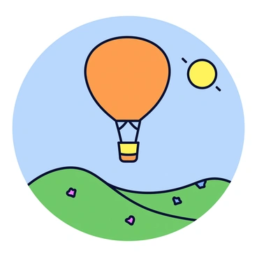 A hot air balloon with a vibrant orange color and a round shape is floating gracefully in the sky. Below the balloon, there is a scenic landscape featuring rolling green hills under a bright blue sky. Small patches of colorful flowers can be seen dotting the hills. The sun is shining brightly, casting soft shadows on the ground.