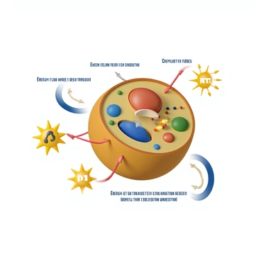 A detailed illustration showing the energy flow within a cell during active transport processes. The cell is depicted in cross-section, revealing various organelles such as the nucleus, mitochondria, and endoplasmic reticulum. Arrows indicate the movement of molecules across the cell membrane, highlighting areas where energy is required for the transport of substances against their concentration gradient. A depiction of ATP molecules is included to represent the energy source, with glowing effects demonstrating energy release. The overall scene captures the dynamic nature of cellular processes involved in active transport.