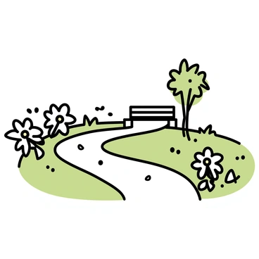 A winding garden pathway, made of smooth stones, is bordered by blooming gardenia bushes with white flowers. The pathway leads to a cozy wooden bench, nestled under the shade of a small tree. Soft green grass surrounds the area, creating a serene spot for relaxation. A few petals from the gardenia bushes lie gently on the ground, adding to the tranquil atmosphere.