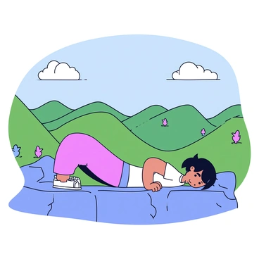 A person is performing a side plank pose on a rocky mountain top. The individual is positioned sideways with one arm supporting their weight and legs stacked on top of each other. The background features a vast valley below, showcasing layers of green hills, dotted with patches of wildflowers. The sky above is clear with a few fluffy white clouds. The sunlight casts gentle shadows on the mountain surface, highlighting the person's form and the rugged terrain.