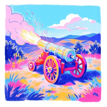 A historical cannon is positioned on a grassy field, its metal surface glinting in the sunlight. It is mounted on wooden wheels, displaying intricate carvings. The cannon is firing, creating a dramatic scene as a large cloud of smoke billows out from the barrel. Sparks are flying from the cannon's mouth, illuminating the surrounding area. In the background, there are trees and distant hills, adding depth to the landscape. The sky above is clear with a few scattered clouds, enhancing the setting of this powerful moment.