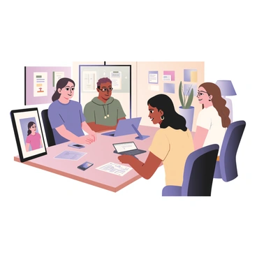 A digital flat illustration depicting a scene of an illustration agency team engaged in a virtual meeting with clients. The team consists of three members: one person with medium skin and curly hair, wearing glasses and a blue shirt, another with dark skin and short hair, dressed in a green hoodie, and the third with light skin and long straight hair, wearing a white top. They are positioned around a table with laptops open in front of them. On the screen, visible to the left, are two clients with light skin, one with short hair wearing a pink shirt, and the other with shoulder-length hair in a yellow dress, both smiling. The background shows a bright, modern office environment with plants and colorful artwork on the walls. A few notes and sketches are scattered on the table, emphasizing their collaborative efforts.