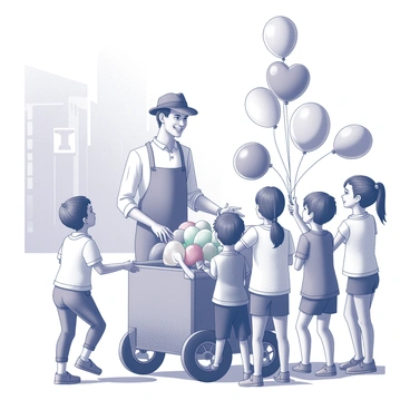 A street vendor is standing behind a cart filled with balloons. The vendor is wearing a hat and has a friendly smile, engaging with a group of children. The children are gathered around, their faces displaying expressions of excitement and joy. Some are reaching out to grab balloons, while others are pointing at their favorite ones. The balloons come in various shapes and sizes, including round and heart-shaped. The scene is set in a lively street, with buildings in the background, creating a vibrant atmosphere.
