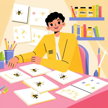 A person named "Davies" is seated at an illustration desk. The desk is cluttered with various art supplies including colored pencils, markers, and paint tubes. Open sketchbooks lie scattered on the desk, displaying multiple "bee sketches" in different styles. A warm light source illuminates the workspace, casting soft shadows and highlighting details in the sketches. In the background, there are shelves filled with jars of paint and reference books about bees and nature.