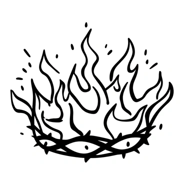 A crown of thorns surrounded by flames that are bright and crackling. The thorns are sharp and intricately woven, with the flames dancing around them, creating an intense contrast. The flames have varied shapes and sizes, curling and flickering, while the thorns remain defined against the chaotic motion of the fire. The overall composition captures the dynamic interaction between the crown and the surrounding flames.