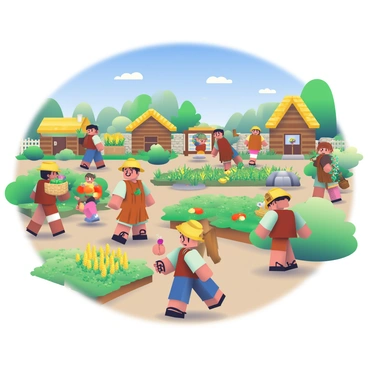 A bustling Minecraft village is depicted with various villagers engaged in their daily activities. There are villagers wearing brown tunics and straw hats walking through dirt paths. Some are tending to gardens filled with green crops like wheat and carrots, while others are chatting near simple wooden houses made of planks and thatch roofs. A child villager is playing near a well, and a farmer is carrying a basket filled with freshly harvested vegetables. The sky is bright blue, dotted with a few fluffy clouds, adding to the lively atmosphere of the village.