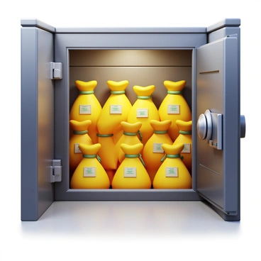 Neatly stacked "money bags" arranged in an orderly fashion inside a "vault room". The room features "metallic walls" with a large, heavy "door" that is slightly ajar, revealing the "interior". The "money bags" are each labeled and tied securely, showcasing their contents. Ambient lighting highlights the bags, casting soft shadows on the floor, which is made of "polished concrete".