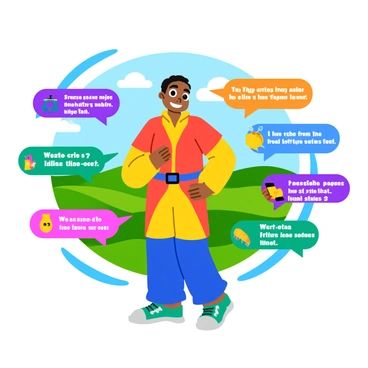A friendly guide character with a bright smile, wearing a colorful outfit, stands in the center of the image. The character has large, expressive eyes and animated features. Around the character, several speech bubbles emerge, filled with simple graphical icons and text that explain various game mechanics. The background features a whimsical landscape with cartoon-like trees and hills, enhancing the playful atmosphere. Each speech bubble is in a different color, making the information visually engaging and easy to read.