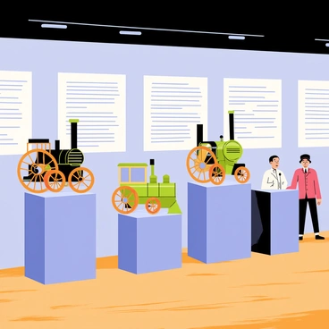 An exhibit featuring several early tram engine designs. There are three distinct tram engines displayed on pedestals, each showcasing unique features like large wooden wheels, metal frames, and detailed front grills. Accompanying the engines are life-sized cutouts of their pioneers, dressed in period clothing, standing beside their respective inventions. The background includes a light blue wall with informative plaques detailing the history and specifications of each tram engine design. The floor is a polished wooden surface, and overhead, industrial-style lighting highlights the exhibit.