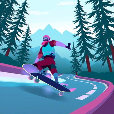 A longboarder with a sleek helmet and protective gear, racing down a steep mountain road. The longboard features a vibrant design, gliding swiftly over the asphalt. Surrounding the road are tall, green trees, their leaves rustling in the wind. The road has sharp, winding curves that add a sense of motion and excitement to the scene. Sunlight filters through the branches, casting dappled shadows on the pavement. The background reveals a breathtaking view of the mountain landscape, with peaks rising majestically in the distance.