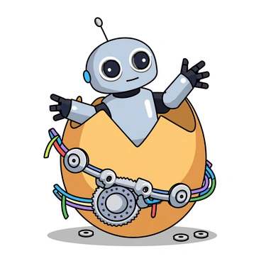 A small robot with a shiny silver body and big round eyes is emerging from a glossy mechanical egg. The egg has an intricate design, covered in numerous interlocking gears and colorful wires that are tangled around it. The robot's arms are outstretched as it climbs out, showing tiny robotic fingers. The egg is placed on a flat surface, and some gears are scattered around it, hinting at a recently opened mechanism. The background features a soft gradient, emphasizing the robot's bright colors and metallic shine.