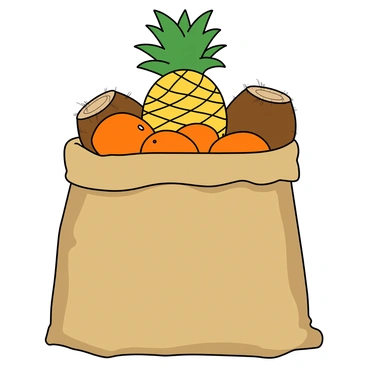 A cheerful sack filled with tropical fruits like pineapples, coconuts, and mangoes.