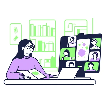 A student with long hair is seated at a desk, presenting their final illustration project via video call. They are wearing a blue sweater and glasses, with a focused expression on their face. On the screen in front of them, classmates and instructors can be seen, each appearing engaged. Beside the student, there is a sketchbook open to a page featuring a colorful illustration. A laptop is positioned in front of the student, displaying the video call interface with various participants. The room has a warm ambiance, with a bookshelf filled with art supplies and books in the background.