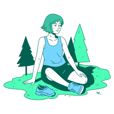 A teal runner is taking a brief break, sitting on green grass. The runner has short hair, wearing a blue tank top and black shorts. The shoes are placed beside the runner, allowing the feet to rest on the grass. The runner appears relaxed, leaning slightly back with hands resting on the grass. In the background, a few trees can be seen, adding to the natural setting. The sky above is clear and bright.