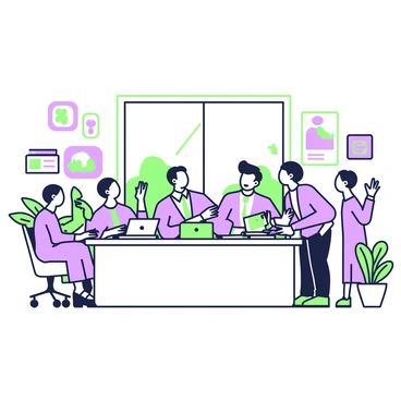 A boardroom with a long rectangular table is filled with directors engaged in animated discussions. The directors, a diverse group of men and women, are dressed in business attire. Some are taking notes on laptops, while others are gesturing passionately. Around the room, there are various creative decorations such as abstract art pieces on the walls and colorful plants in pots. Brightly colored stationery is visible on the table next to folders. A large window allows natural light to pour in, illuminating the space.