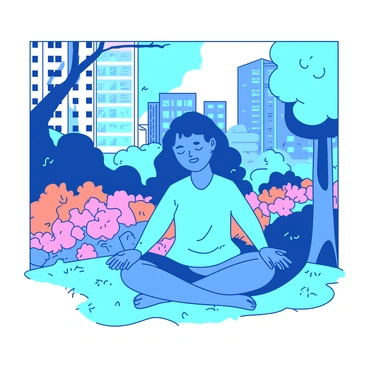 A blue person is sitting cross-legged on a patch of grass in an urban park. The person has their eyes closed and a peaceful expression, with hands resting on their knees. Surrounding them are colorful blooming flowers in various shades of pink and orange. In the background, tall city buildings can be seen, partially obscured by the greenery of the park. Sunlight filters through the leaves of nearby trees, casting soft shadows on the ground. The scene conveys a moment of calm amidst the bustling city.