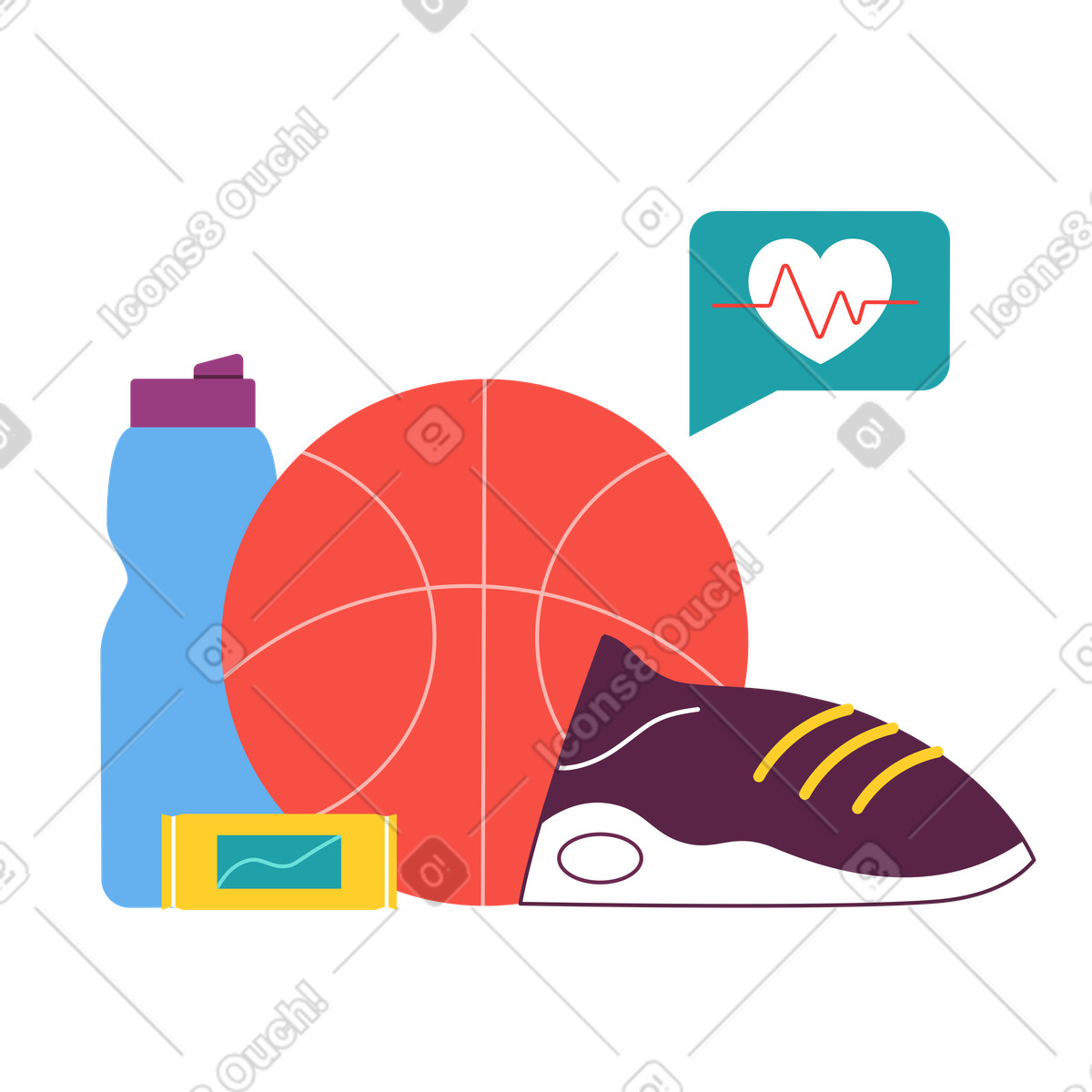Illustration animée Ballon de basket-ball et équipement d'entraînement dans le style Sammy à télécharger aux formats GIF, Lottie (JSON), AE