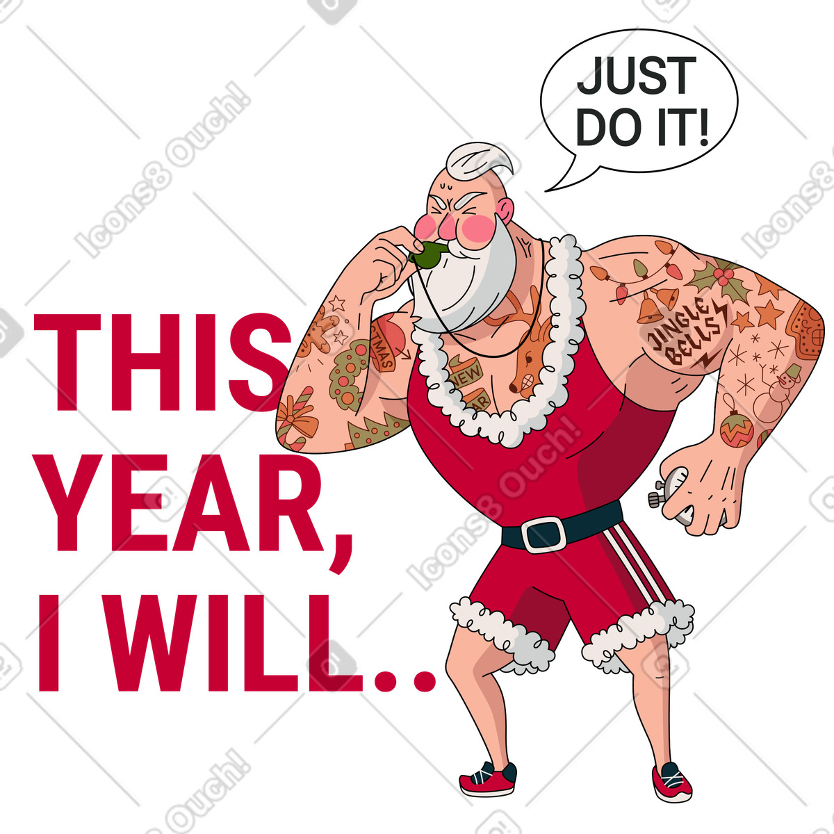Santa trainer with motivational text illustration in Camp style download in PNG, SVG