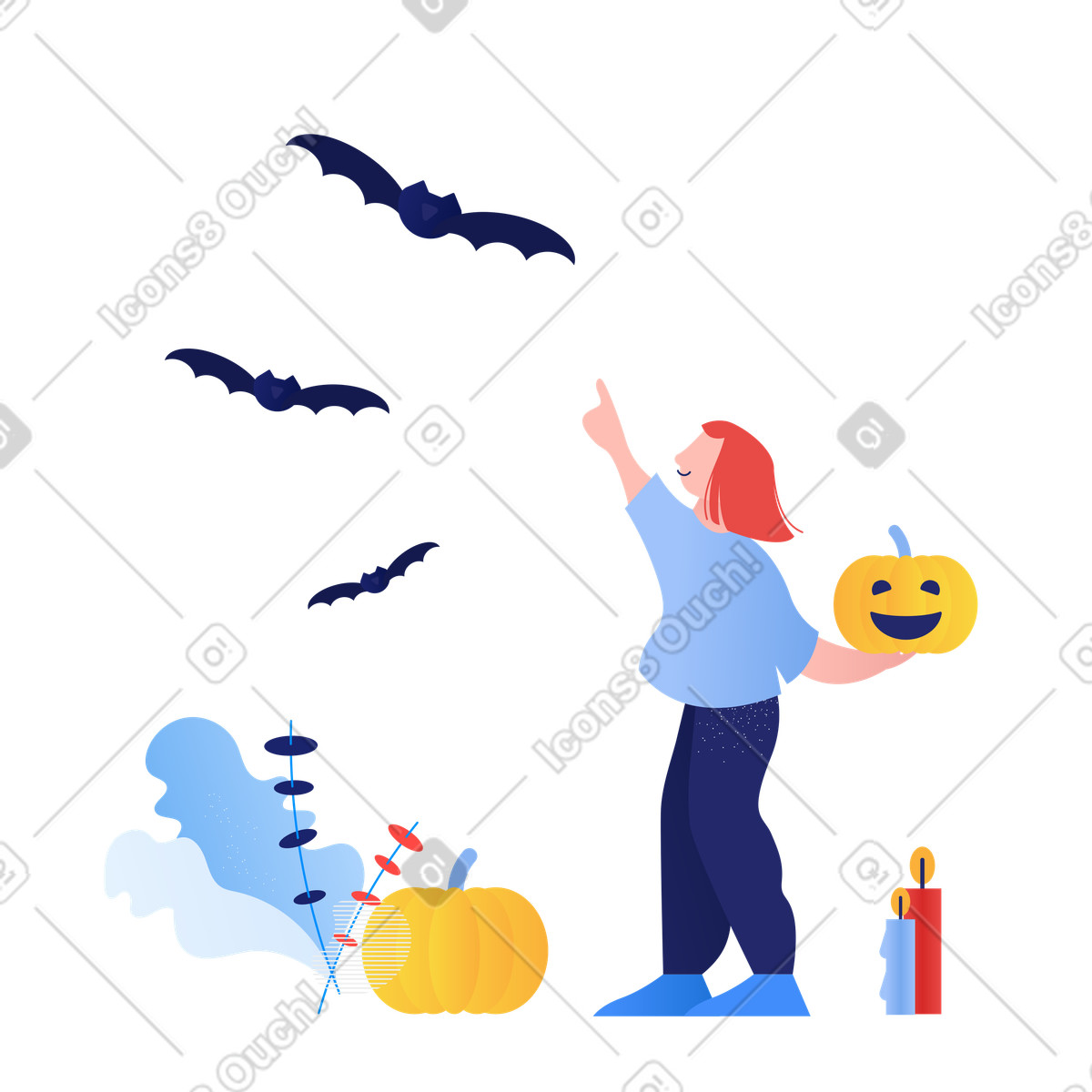 Woman with halloween pumpkin pointing at flying bats illustration in Clip style download in PNG, SVG