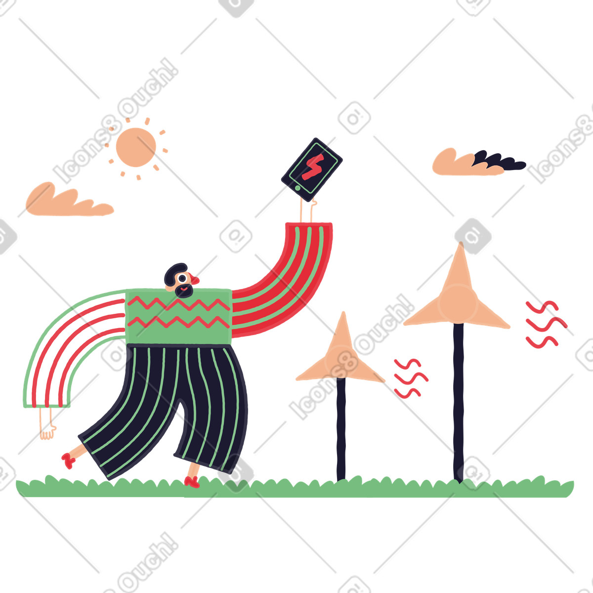 User charging smartphone with wind power, Alternative energy and green innovation illustration in Stripy style download in PNG, SVG