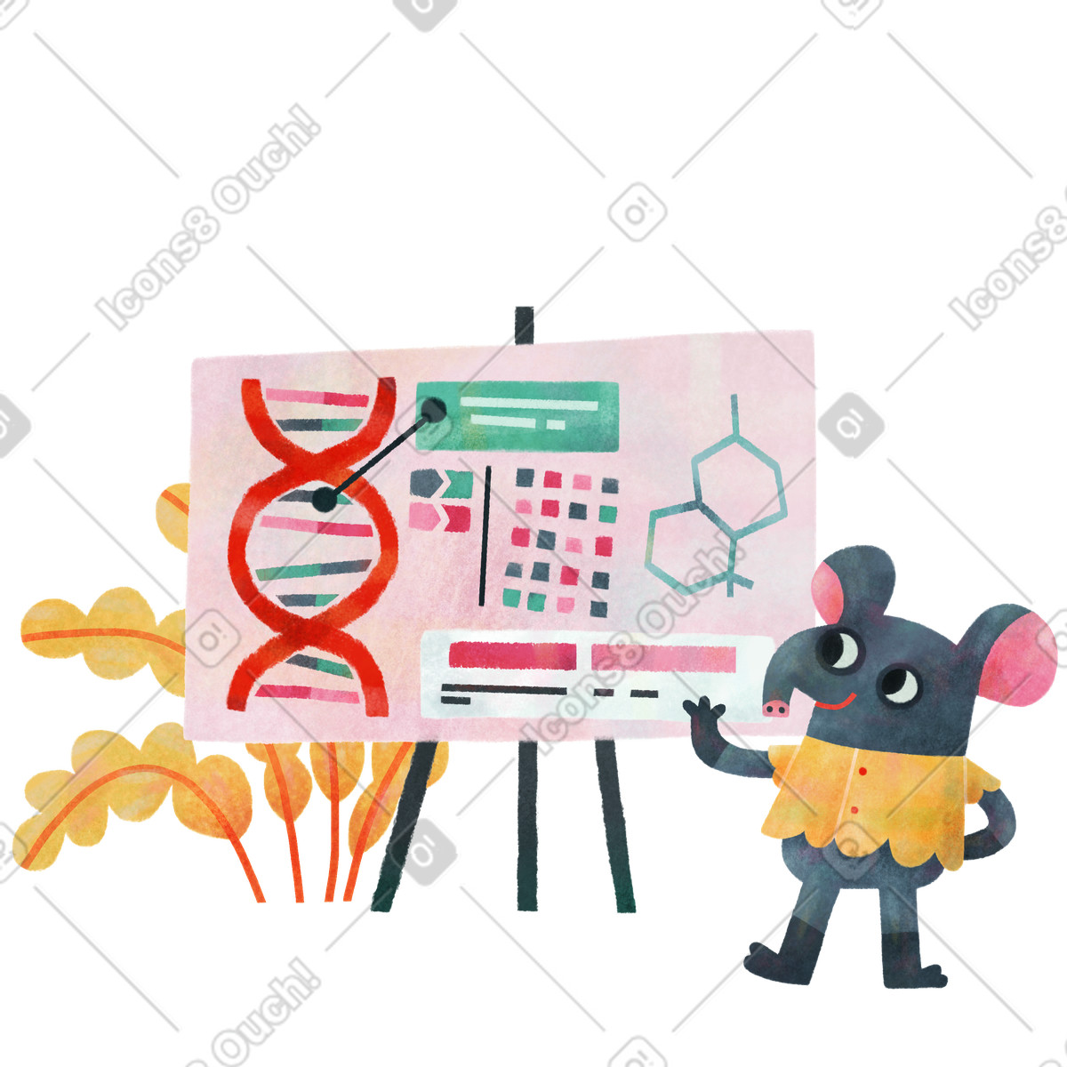 Ilustración Personaje de ratón que presenta biotecnología en un tablero gráfico estilo Jungle a descargar PNG y SVG
