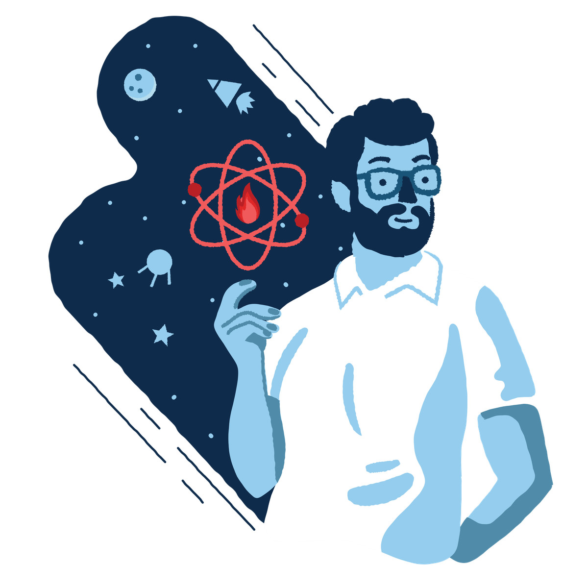 Scientist thinking about atom and space travel illustration in Cherry style download in PNG, SVG