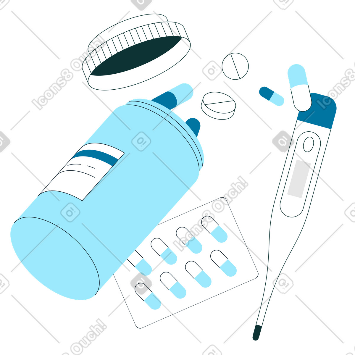 Medicinali e un termometro digitale illustrazione in stile Indigo scarica in PNG, SVG