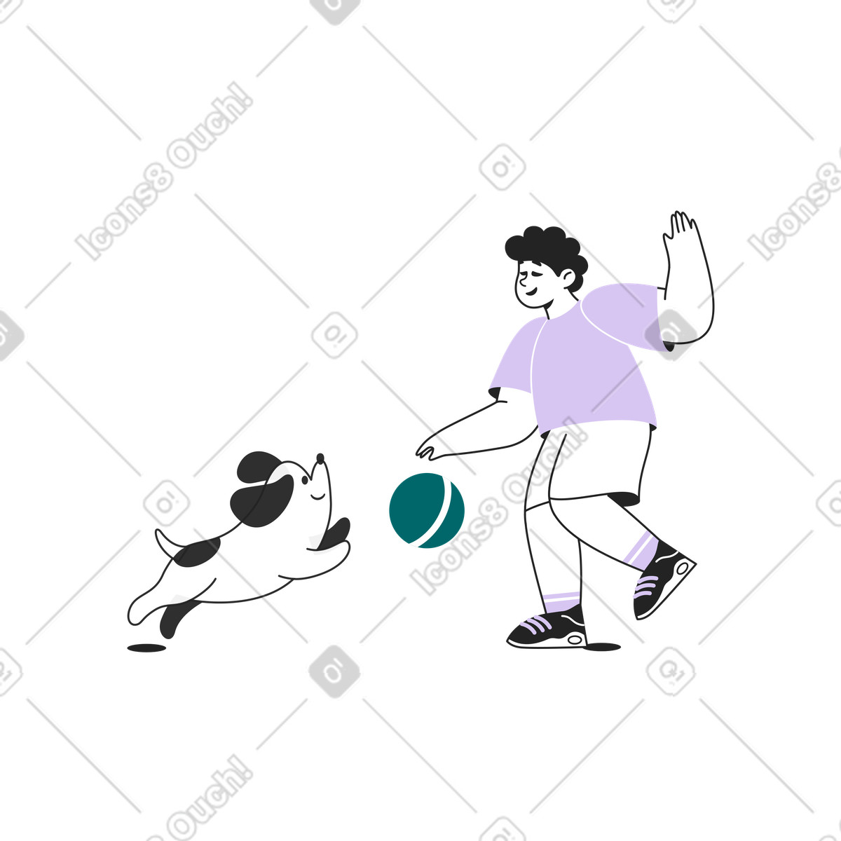 Game with a dog and ball, Pet activity recreation illustration in Sammy Line style download in PNG, SVG