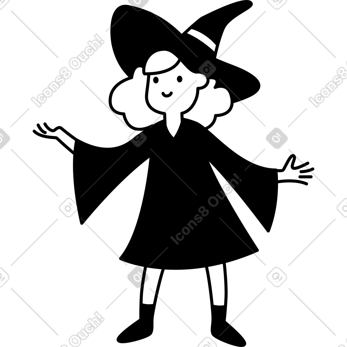 Иллюстрация Witch character with pointy hat and outstretched hands smiling cheerfully в стиле Notion Line Art — скачать в форматах PNG, SVG