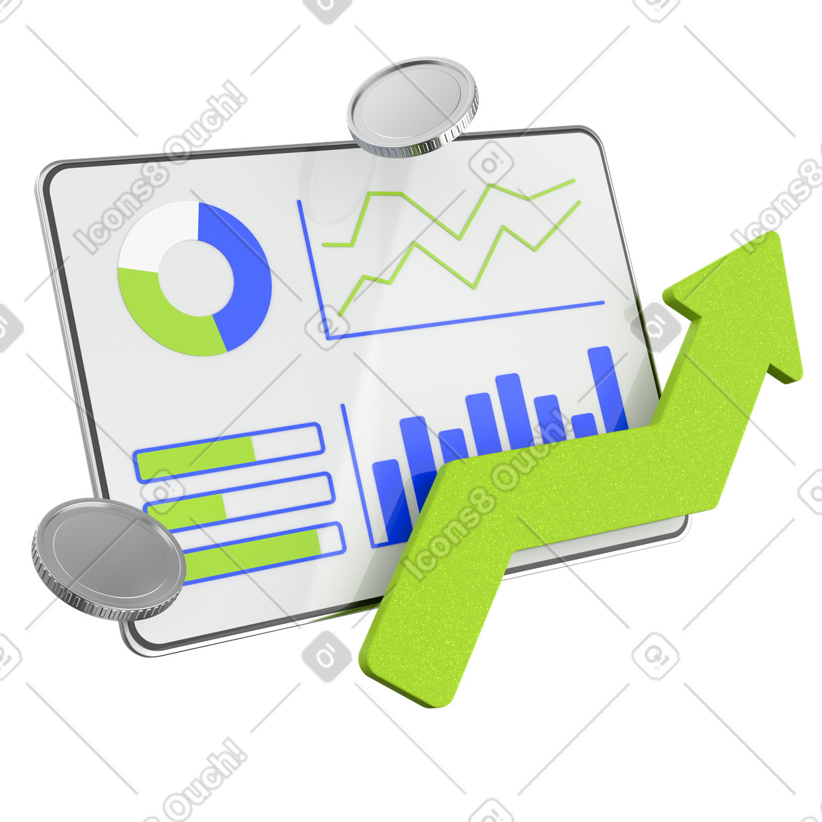 Financial growth dashboard, Trend analysis, Performance increase illustration in 3D Enterprise style download in PNG, SVG