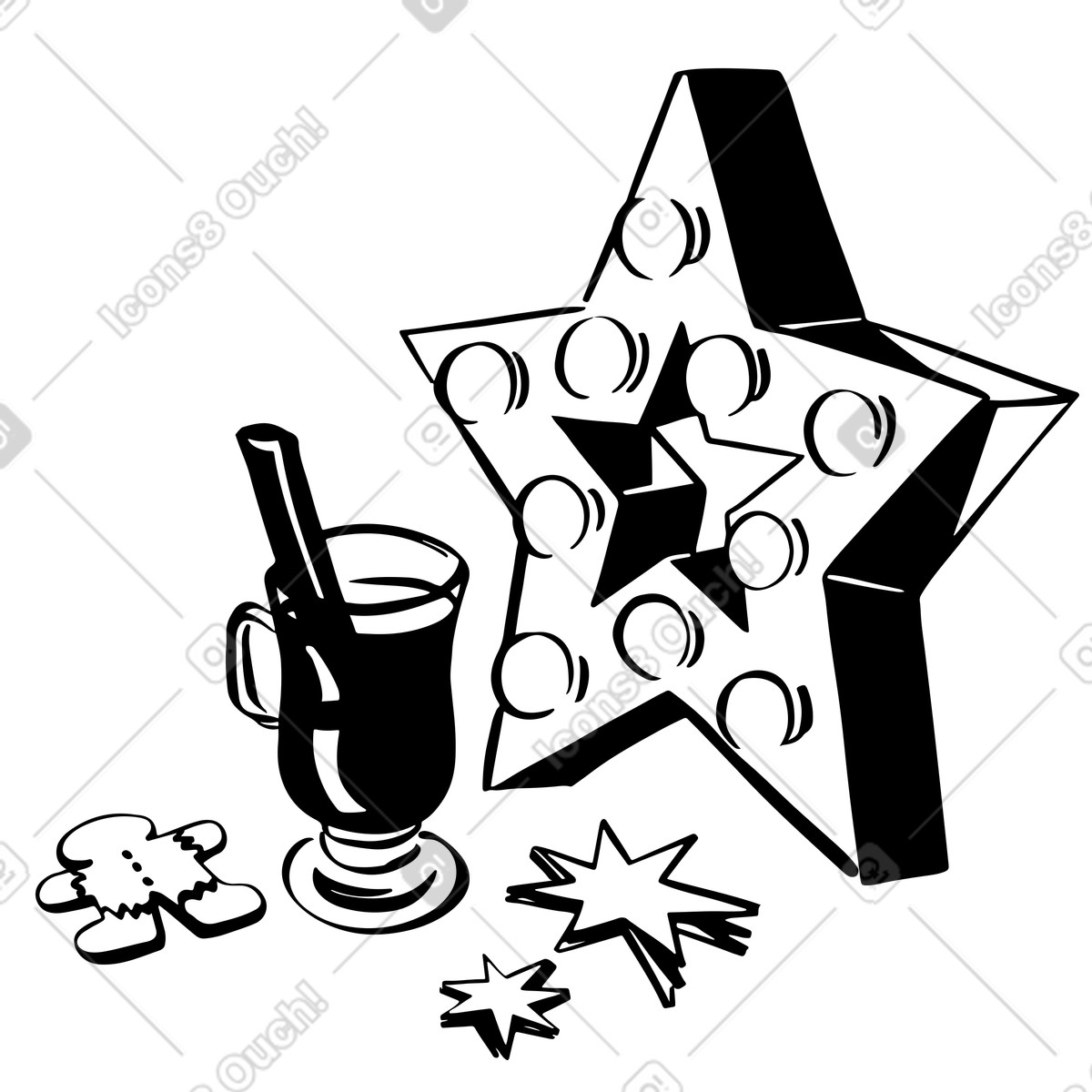 Illustration Composition de noël : lampe étoile, vin chaud et biscuits dans le style Line à télécharger aux formats PNG, SVG