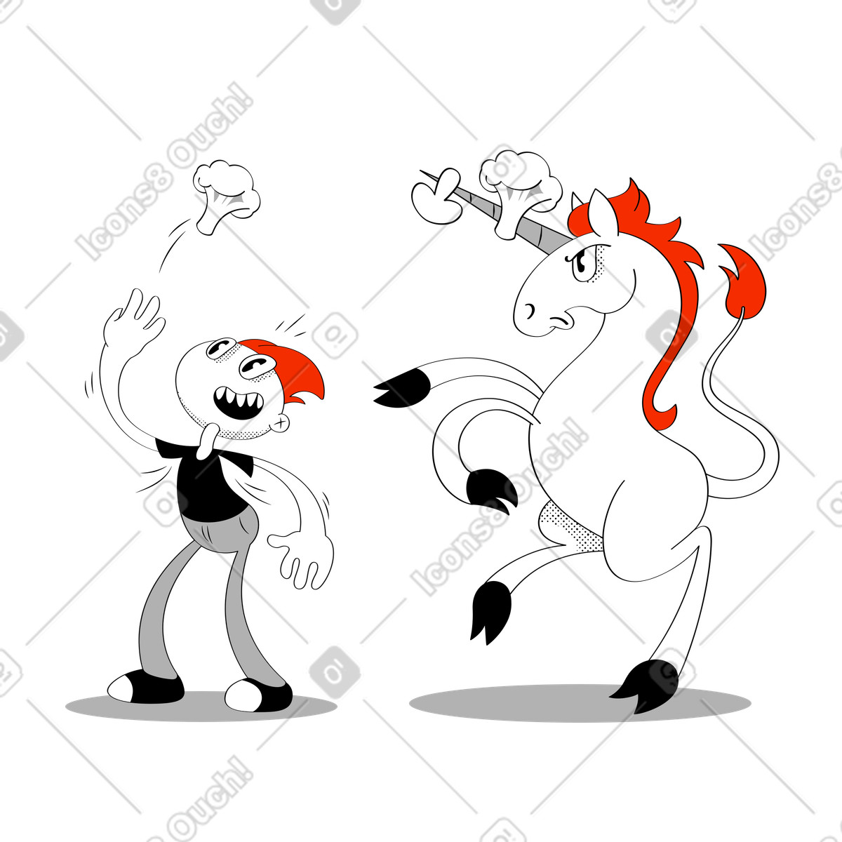 Man and unicorn making vegetable kebab illustration in Looney style download in PNG, SVG