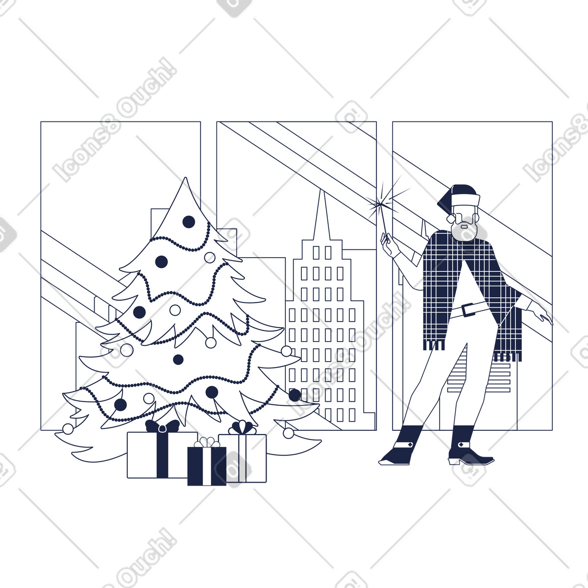Urban Line 스타일의 Person in santa outfit holding sparkler by christmas tree, holiday celebration and winter event 일러스트레이션 PNG, SVG 다운로드