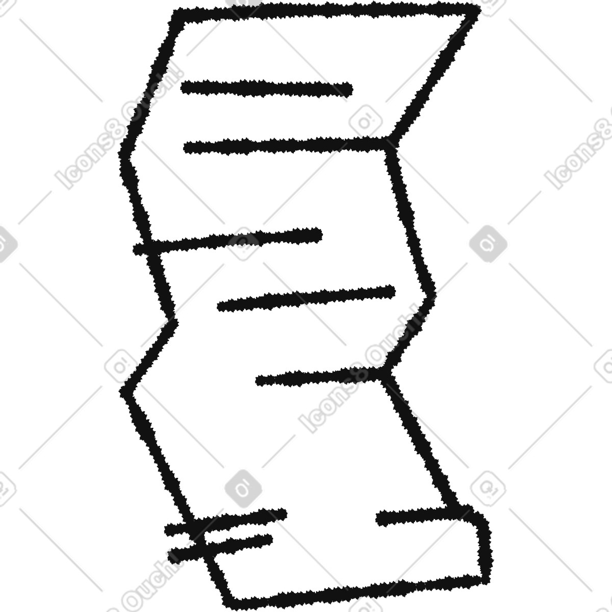 Ilustración Pila de documentos con bordes irregulares y líneas texto horizontales sencillas. en estilo Bold People a descargar en PNG SVG