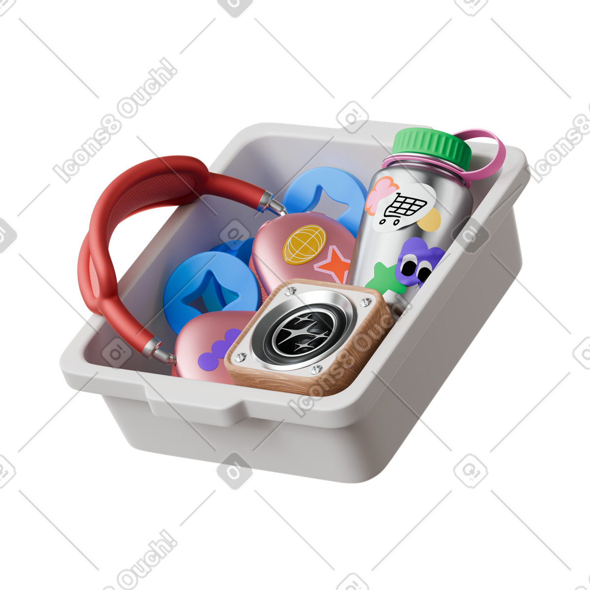 Illustration Plateau de sécurité avec casque audio, bouteille d'eau et enceinte. dans le style 3D Stickle à télécharger aux formats PNG, SVG