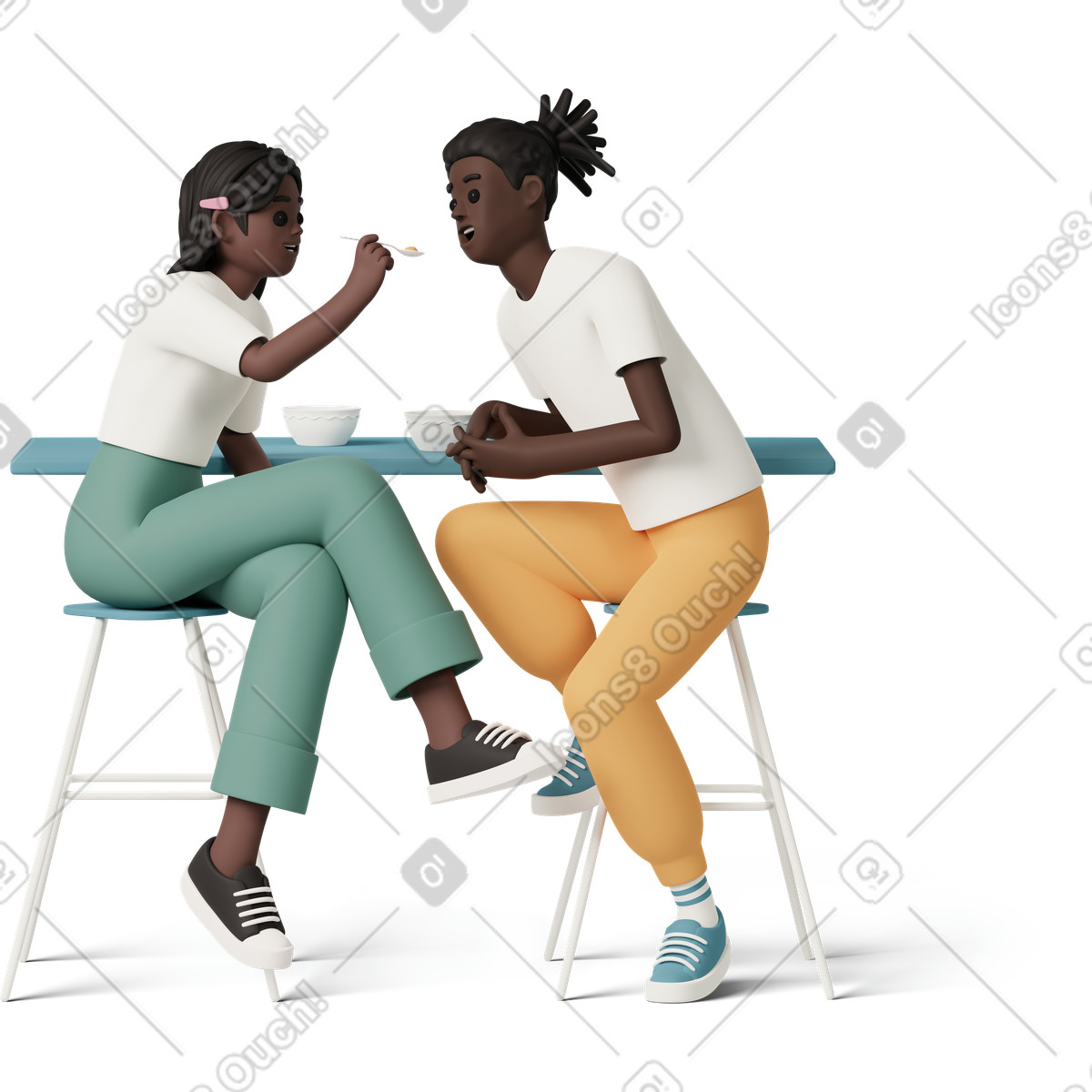 下载 3D Casual life 风格的 Young girl and boy sitting on bar stool eating 插画，支持 PNG、SVG 格式