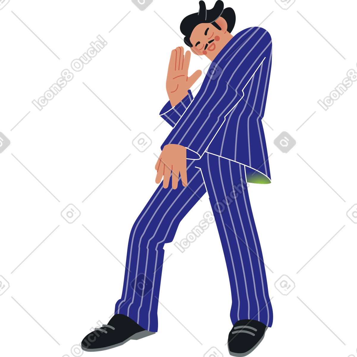 Illustration Homme avec moustache en costume rayé bleu train de danser dans le style Fizzy à télécharger aux formats PNG, SVG