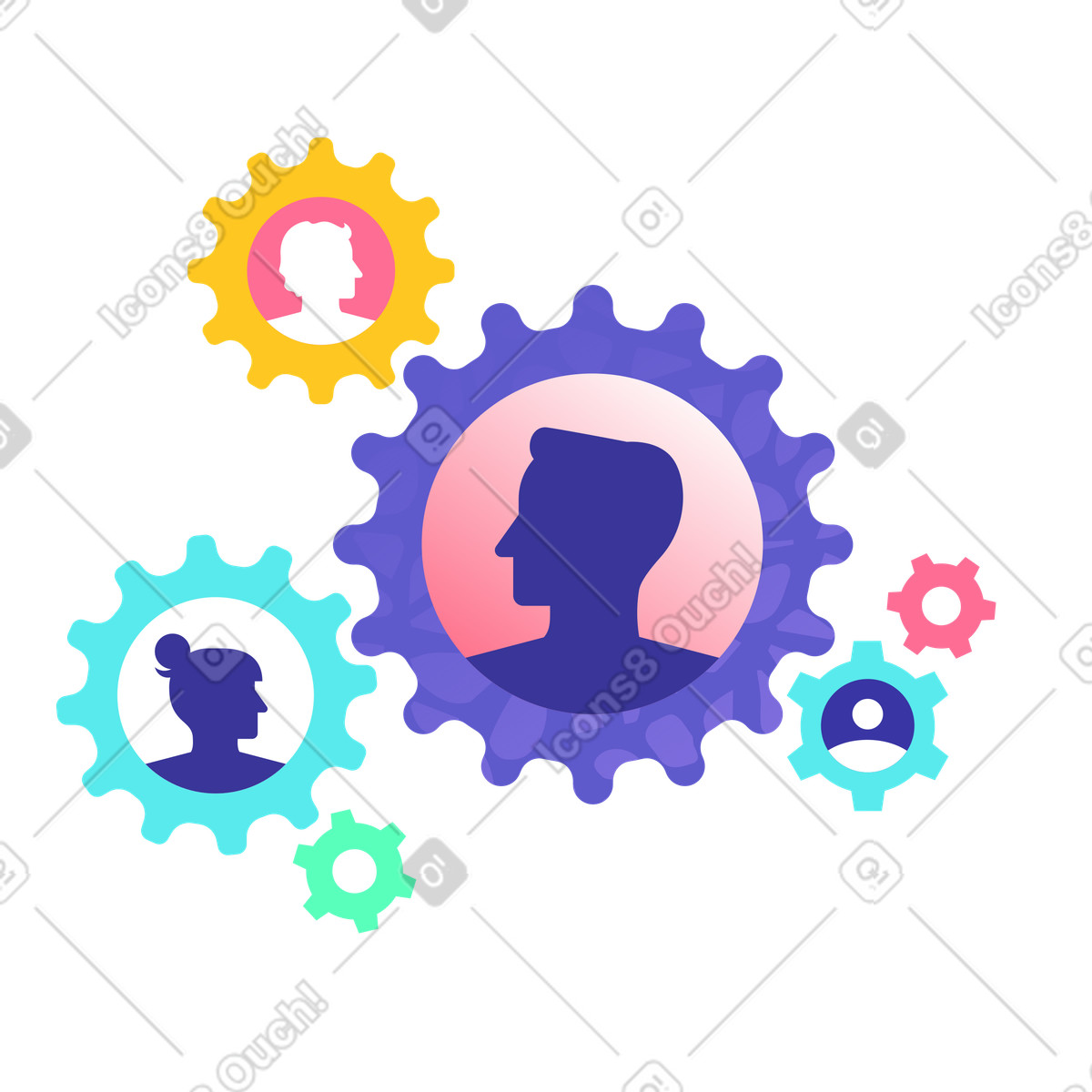 Organizational roles as connected cogs, team processes and workflow management, effective collaboration and teamwork illustration in PNG, SVG