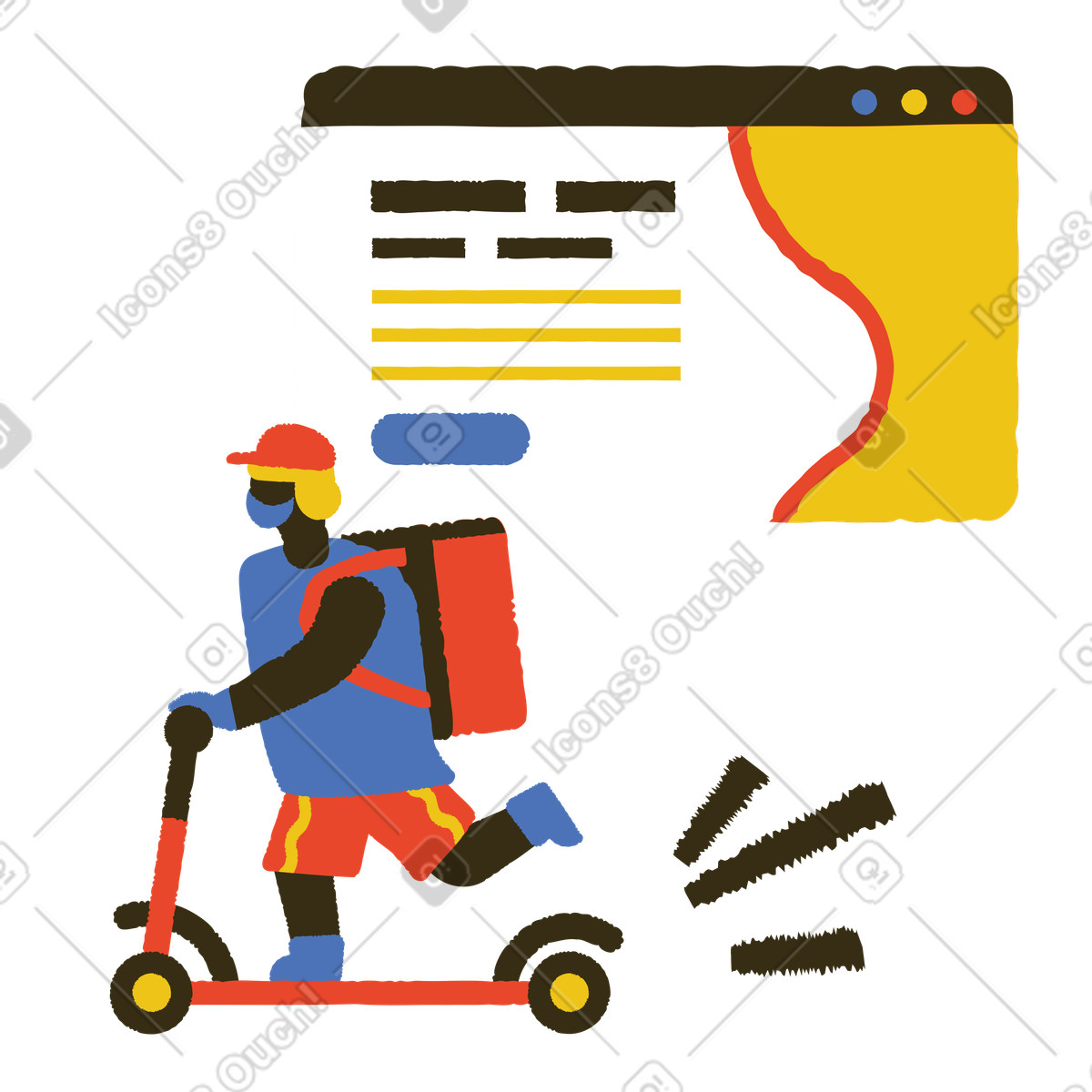 Bermuda 스타일의 Delivery man riding kick scooter 일러스트레이션 PNG, SVG 다운로드