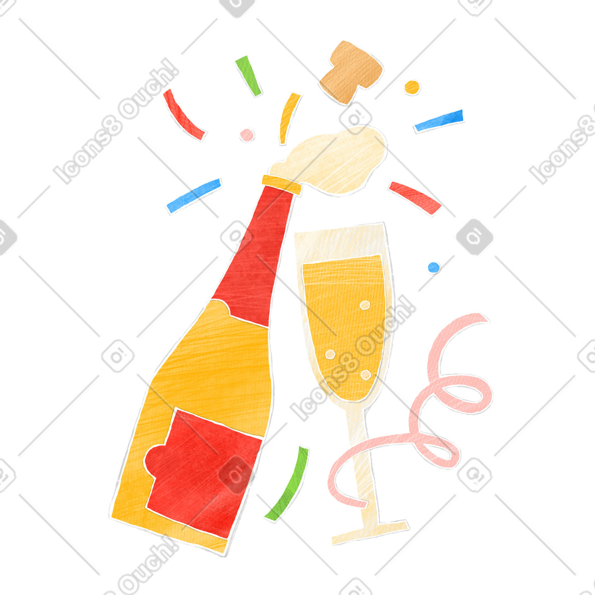 Ilustración Champagne bottle and glass confetti for the party en estilo Crafty a descargar en PNG y SVG