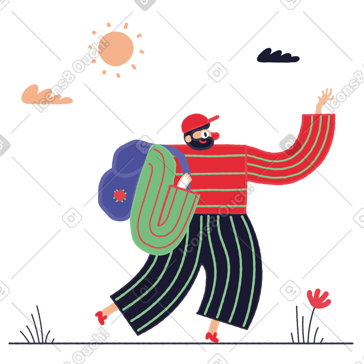 Stripy スタイルの Man walks with a backpack in his hands のイラストをPNG、SVG形式でダウンロード