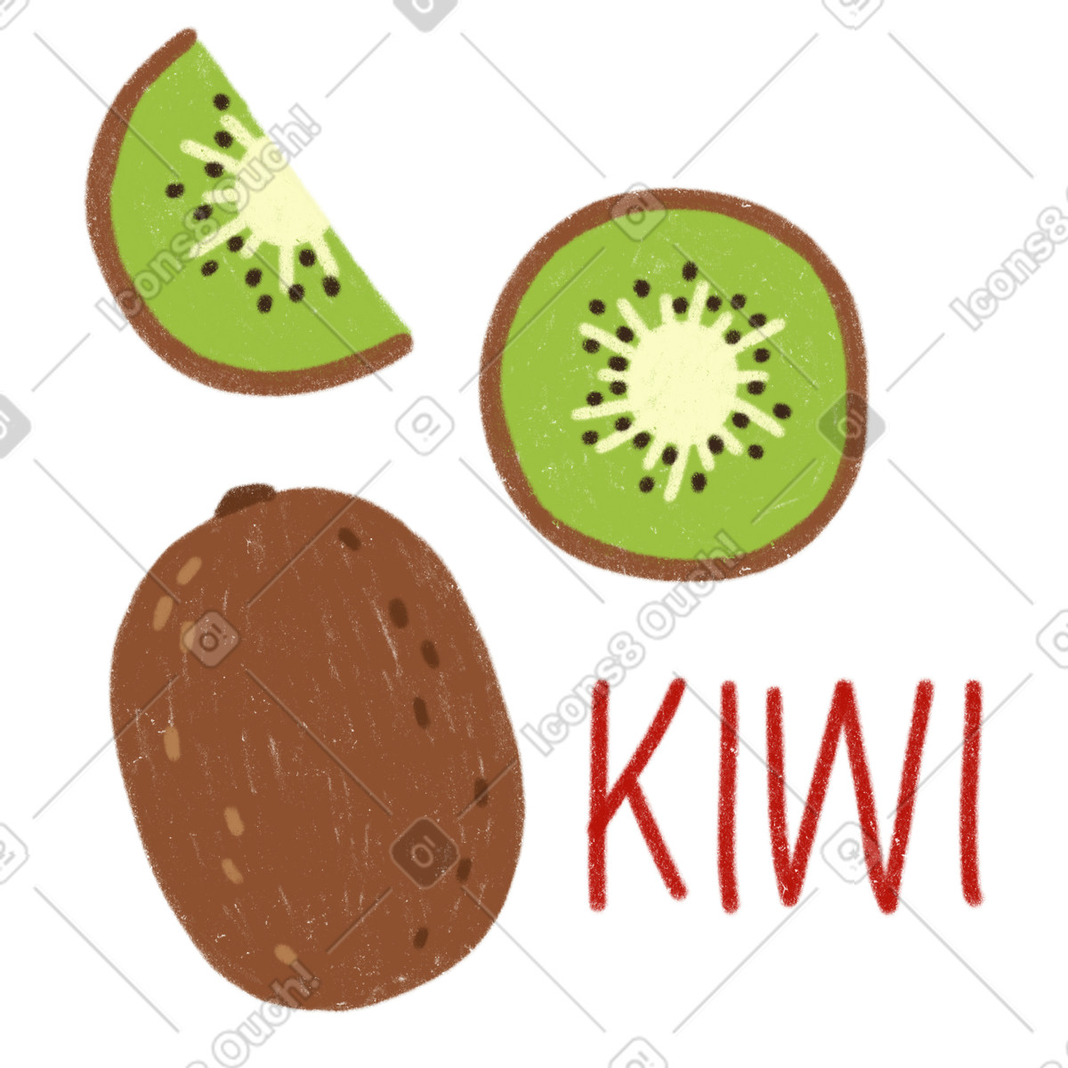 Illustration Kiwi, moitié de kiwi et tranche avec lettrage dans le style Cozy à télécharger aux formats PNG, SVG