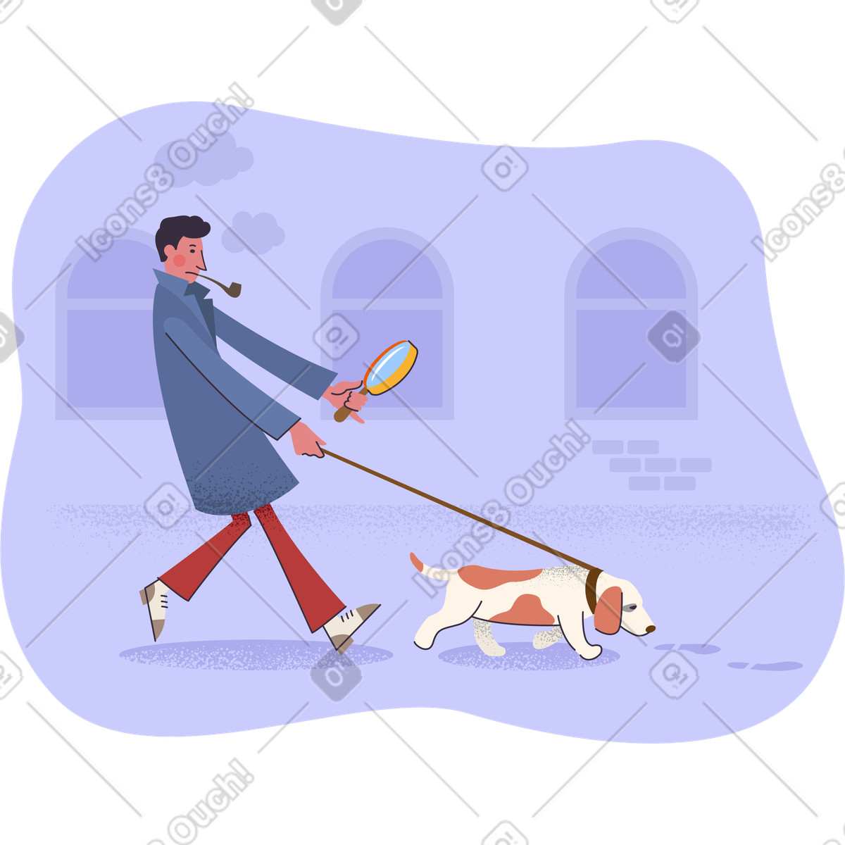 Male detective walking with his dog tracking a scent illustration in Pale style download in PNG, SVG
