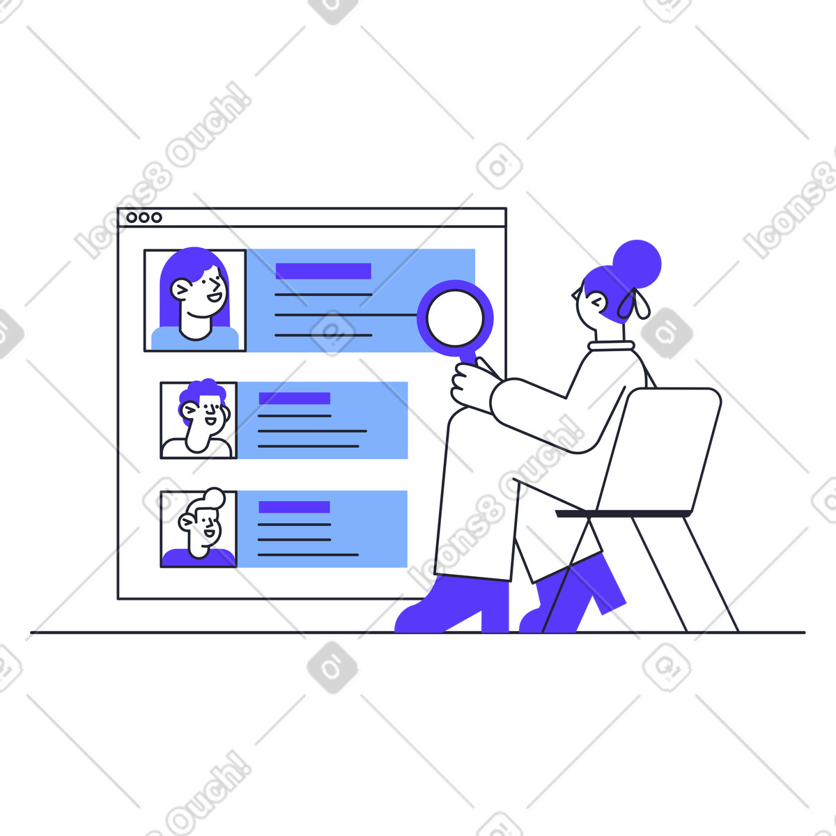 Ilustração de Mulher com lupa procurando funcionários online em no estilo Pablita para baixar em PNG, SVG