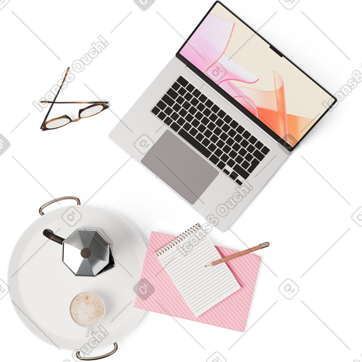 Top view of laptop, glasses, notebooks, moka pot, and cup on tray illustration in 3D Hygge style download in PNG, SVG