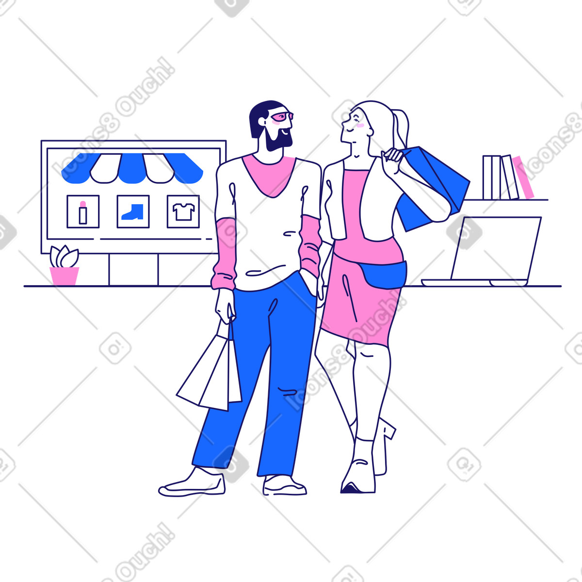 Ilustración Hombre y mujer comprando en línea estilo Matey a descargar PNG SVG