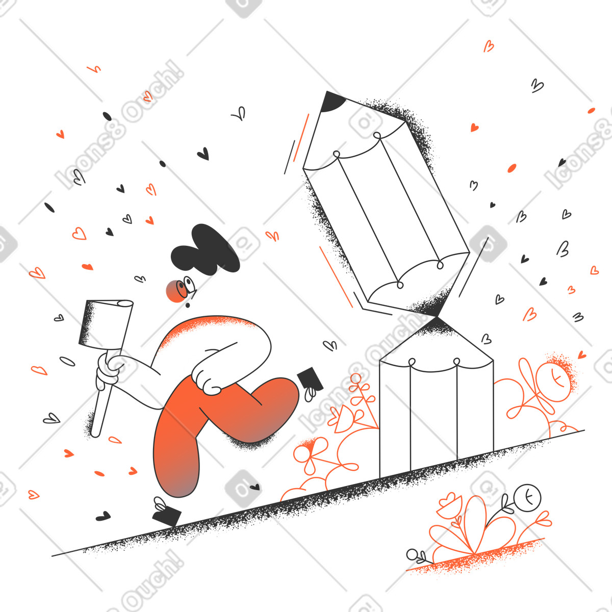 Woodcutter running away from a falling tree, Fatal error or system crash illustration in Crayon style download in PNG, SVG